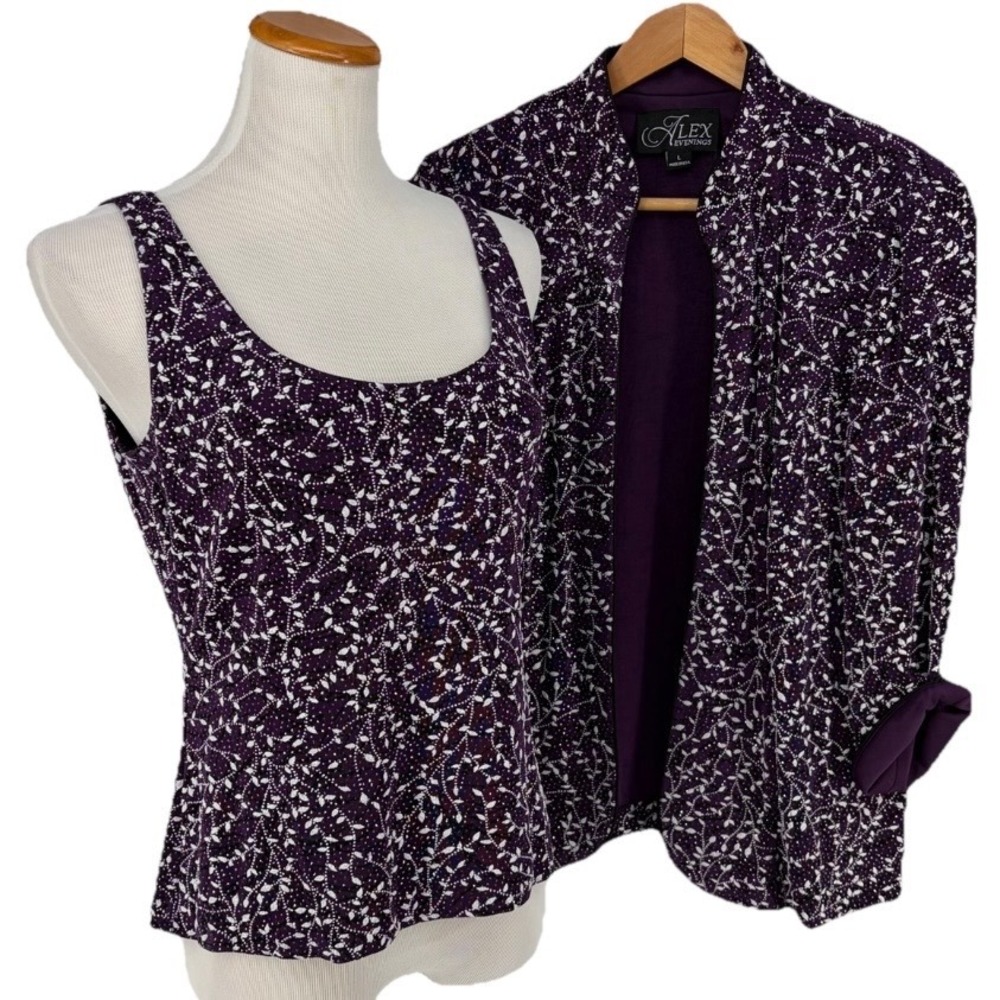 Alex Evenings Womens Purple Glitter Vine 2 Piece‎ Jacket and Tank Top Set Large